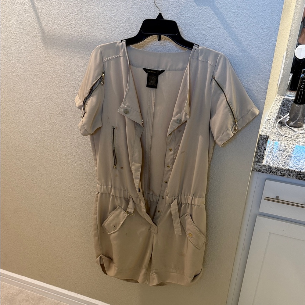 Beige Short Sleeve Button-Up Romper